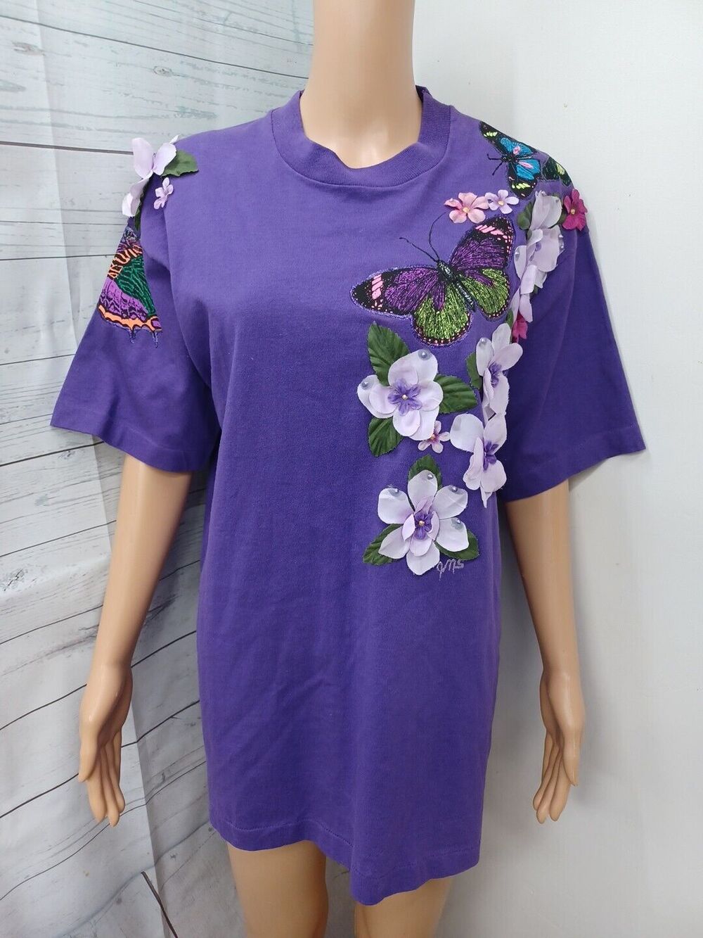 Vtg Fruit of the Loom Embellished Top Floral Glitter Single Stitch USA L